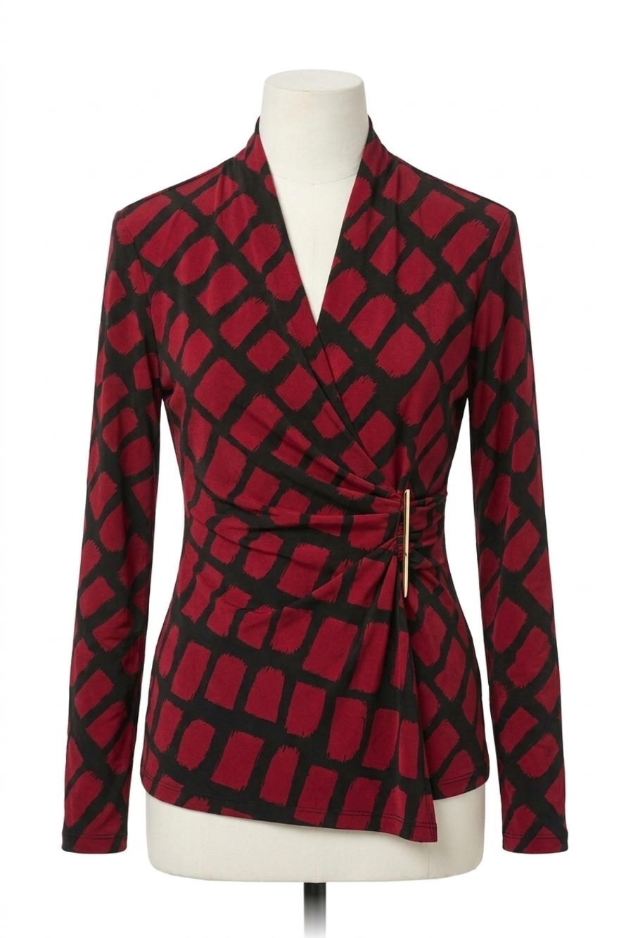 NEW JOSEPH RIBKOFF v-neck faux wrap top in black/red